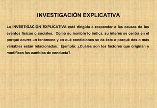 INVESTIGACIÓN EXPLICATIVA La INVESTIGACIÓN EXPLICATIVA está dirigida a responder a las causas de los eventos físicos o sociales.  Como su nombre lo indica, su interés se centra en el porqué ocurre un fenómeno y en qué condiciones se da éste o porqué dos o más variables están relacionadas.  Ejemplo: ¿Cuáles son los factores que originan y modifican los cambios de conducta? 