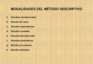 MODALIDADES DEL MÉTODO DESCRIPTIVO Estudios correlacionales Estudio de casos Estudios exploratorios Estudios causales Estudios del desarrollo Estudios predicativos Estudio de conjunto Estudio evaluativo 