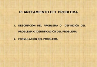 PLANTEAMIENTO DEL PROBLEMA DESCRIPCIÓN DEL PROBLEMA O  DEFINICIÓN DEL PROBLEMA O IDENTIFICACIÓN DEL PROBLEMA. FORMULACIÓN DEL PROBLEMA. 