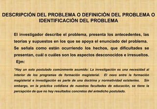 El investigador describe el problema, presenta los antecedentes, las teorías y supuestos en los que se apoya el enunciado del problema.  Se señala como están ocurriendo los hechos, que dificultades se presentan, cuál o cuáles son los aspectos desconocidos e irresueltos.  Ejm: “ Hay un solo postulado comúnmente asumido: La investigación es una necesidad al interior de los programas de formación magisterial.  El nexo entre la formación magisterial e investigación es parte de una doctrina y normatividad existentes.  Sin embargo, en la práctica cotidiana de nuestras facultades de educación, se tiene la percepción de que no hay resultados concretos del antedicho postulado.  DESCRIPCIÓN DEL PROBLEMA O DEFINICIÓN DEL PROBLEMA O IDENTIFICACIÓN DEL PROBLEMA 