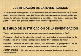 JUSTIFICACIÓN DE LA INVESTIGACIÓN Al justificar la investigación, el tesista ofrece una prueba convincente de la razón que lo mueve a plantear para qué lleva a efecto un proceso de investigación que demanda esfuerzo, tiempo, dedicación y sacrificio.  Es bueno sustentar las justificaciones con gráficos, estadísticas, cifras comparativas, etc. EJEMPLO DE JUSTIFICACIÓN DE LA INVESTIGACIÓN Título: La investigación y la formación magisterial universitaria en el Perú. Problema: ¿Cuál es la situación actual, los resultados y perspectivas de la investigación en la formación magisterial de las Universidades del Perú? Objetivo: Describir la situación actual, los resultados y perspectivas de la investigación en la formación magisterial de las Universidades del Perú. JUSTIFICACIÓN:  “Hay dos razones que para nosotros fundamenta la realización de nuestro estudio: 