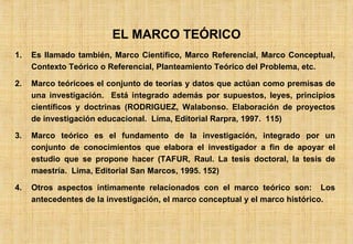 EL MARCO TEÓRICO Es llamado también, Marco Científico, Marco Referencial, Marco Conceptual, Contexto Teórico o Referencial, Planteamiento Teórico del Problema, etc. Marco teóricoes el conjunto de teorías y datos que actúan como premisas de una investigación.  Está integrado además por supuestos, leyes, principios científicos y doctrinas (RODRIGUEZ, Walabonso. Elaboración de proyectos de investigación educacional.  Lima, Editorial Rarpra, 1997.  115) Marco teórico es el fundamento de la investigación, integrado por un conjunto de conocimientos que elabora el investigador a fin de apoyar el estudio que se propone hacer (TAFUR, Raul. La tesis doctoral, la tesis de maestría.  Lima, Editorial San Marcos, 1995. 152) Otros aspectos íntimamente relacionados con el marco teórico son:  Los antecedentes de la investigación, el marco conceptual y el marco histórico. 