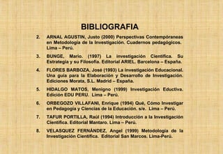 BIBLIOGRAFIA ARNAL AGUSTIN, Justo (2000) Perspectivas Contempóraneas en Metodología de la Investigación. Cuadernos pedagógicos.  Lima – Perú. BUNGE, Mario. (1997) La investigación Científica. Su Estrategia y su Filosofía. Editorial ARIEL. Barcelona – España. FLORES BARBOZA, José (1993) La investigación Educacional. Una guía para la Elaboración y Desarrollo de Investigación. Ediciones Morata, S.L. Madrid – España. HIDALGO MATOS, Menigno (1999) Investigación Eductiva. Edición EDU PERU.  Lima – Perú. ORBEGOZO VILLAFANI, Enrique (1994) Qué, Cómo Investigar en Pedagogía y Ciencias de la Educación. s/e.  Lima – Perú. TAFUR PORTILLA, Raúl (1994) Introducción a la Investigación Científica. Editorial Mantaro. Lima – Perú. VELASQUEZ FERNÁNDEZ, Angel (1999) Metodología de la Investigación Científica.  Editorial San Marcos. Lima-Perú. 