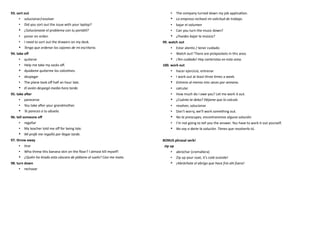 93. sort out
• solucionar/resolver
• Did you sort out the issue with your laptop?
• ¿Solucionaste el problema con tu portátil?
• poner en orden
• I need to sort out the drawers on my desk.
• Tengo que ordenar los cajones de mi escritorio.
94. take off
• quitarse
• Help me take my socks off.
• Ayúdame quitarme los calcetines.
• despegar
• The plane took off half an hour late.
• El avión despegó media hora tarde.
95. take after
• parecerse
• You take after your grandmother.
• Te pareces a tu abuela.
96. tell someone off
• regañar
• My teacher told me off for being late.
• Mi profe me regañó por llegar tarde.
97. throw away
• tirar
• Who threw this banana skin on the floor? I almost kill myself!
• ¿Quién ha tirado esta cáscara de plátano al suelo? Casi me mato.
98. turn down
• rechazar
• The company turned down my job application.
• La empresa rechazó mi solicitud de trabajo.
• bajar el volumen
• Can you turn the music down?
• ¿Puedes bajar la música?
99. watch out
• Estar atento / tener cuidado
• Watch out! There are pickpockets in this area.
• ¡Ten cuidado! Hay carteristas en esta zona.
100. work out
• hacer ejercicio, entrenar
• I work out at least three times a week.
• Entreno al menos tres veces por semana.
• calcular
• How much do I owe you? Let me work it out.
• ¿Cuánto te debo? Déjame que lo calcule.
• resolver, solucionar
• Don’t worry, we’ll work something out.
• No te preocupes, encontraremos alguna solución.
• I’m not going to tell you the answer. You have to work it out yourself.
• No voy a darte la solución. Tienes que resolverlo tú.
BONUS phrasal verb!
zip up
• abrochar (cremallera)
• Zip up your coat, it’s cold outside!
• ¡Abróchate el abrigo que hace frío ahí fuera!
 