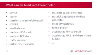 What can we build with these tools?
• switch
• router
• stateless and stateful firewall
• IDS/IPS
• load balancer
• userland UDP stack
• userlandTCP stack
• traffic recorder
• fast internet scanners
• stateless packet generator
• stateful, application-like flow
generator
• IPsecVPN gateway
• tunnel broker
• accelerated key-value DB
• accelerated NAS (and there is also
SPDK)
• …
36
 
