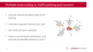 Multiple cores scaling vs. traffic policing and counters
39
• remove shared variables, get rid of
locking
• maintain separate dataset per core
• test with all cores available
• how to synchronize ratelimiters and
borrow bandwidth between cores?
 
