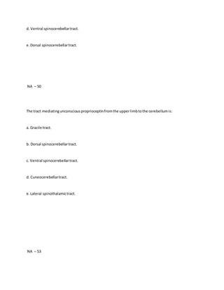 d. Ventral spinocerebellartract.
e.Dorsal spinocerebellartract.
NA – 50
The tract mediatingunconsciousproprioceptinfromthe upperlimbtothe cerebellumis:
a. Gracile tract.
b. Dorsal spinocerebellartract.
c. Ventral spinocerebellartract.
d. Cuneocerebellartract.
e.Lateral spinothalamictract.
NA – 53
 