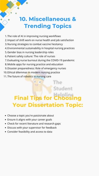 10. Miscellaneous &
Trending Topics
1.The role of AI in improving nursing workflows
2.Impact of shift work on nurse health and job satisfaction
3.Nursing strategies to combat vaccine hesitancy
4.Environmental sustainability in hospital nursing practices
5.Gender bias in nursing leadership roles
6.Patient safety culture: The role of nurses
7.Evaluating nurse burnout during the COVID-19 pandemic
8.Mobile apps for nursing practice and education
9.Disaster preparedness: Role of emergency nurses
10.Ethical dilemmas in modern nursing practice
11.The future of robotics in nursing care
Final Tips for Choosing
Your Dissertation Topic:
Choose a topic you're passionate about
Ensure it aligns with your career goals
Check for recent literature and research gaps
Discuss with your supervisor for feedback
Consider feasibility and access to data
 