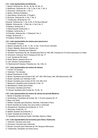 L15 - Lista representativa de Sinfonias
1. Mozart: Sinfonias No. 38, No. 39, No. 40, No. 41
2. Beethoven: Sinfonias No. 3, No. 5, No. 6, No. 7, No. 9
3. Schumann: Sinfonias No. 1, No. 3
4. Berlioz: Sinfonia Fantástica
5. Saint-Saens: Sinfonia No. 3 ("Orgão")
6. Bruckner: Sinfonias No. 4, No. 7, No. 9
7: Tchaikovsky: Sinfonias No. 4-6
8.Dvorak: Sinfonias No. 7, No. 8, No. 9 "Do Novo Mundo"
9.Mahler: Sinfonias No. 1 (Titã), No. 4, No.5, No. 9
10.Sibelius: Sinfonia No. 2
11.Rachmaninoff: Sinfonia No. 2
12.Nielsen: Sinfonia No. 4
13.Prokofiev: Sinfonias No. 1 ("Clássica"), No. 5
14.Elgar: Sinfonia No. 1
15.Copland: Sinfonia No. 3

L16 - Lista representativa de música para piano/cravo
1. Frescobaldi: Toccatas
2. Mozart: Sonatas No. 8, No. 11, No. 13, No. 15 (K.310,331,333,545)
3. Chopin: Baladas, Nocturnos, Estudos, etc.
4. Mendelssohn: "Canções sem Palavras"
5. Schubert: Impromptus Op. 90, Sonatas para Piano D. 959, 960, Fantasia em Fá menor para piano a 4-mãos
6. Schumann: Carnaval, Op.9; Fantasia em Dó, Op. 17
7. Liszt: Sonata em Ré menor
8. Ravel: Miroirs, Gaspard de la nuit
9. Liszt: Estudos Transcendentais
10. Rachmaninoff: Estudos, Preludios (inc. Op. 3 No. 2)

L17 - Lista representativa de música de câmara
1. Purcell: Trio Sonatas
2. Telemann: Trio Sonatas
3. Mozart Divertimento, K.563
4. Mozart: Quartetos para Cordas K.387, 421, 428, 458 (Caça), 464, 465 (Dissonante), 590
5. Mozart: Quinteto com Clarinete, K.581
6. Mozart: Quintetos para Cordas (K.515, 516, 593, 614)
7. Beethoven: Quartetos para Cordas No. 8, No. 14
8. Mendelssohn: Octeto para Cordas
9. Schumann: Quinteto para Piano
10. Dvorak: Quartetos para Cordas No. 10, No. 14

L18 - Lista representativa de música de câmara do período Moderno
1. Bartok: 6 Quartetos de Cordas
2. Schoenberg: 4 Quartetos de Cordas, Op. 7,10 (com soprano),30, 37
3. Berg: Lyric Suite
4. Webern: Quarteto para Saxofone, Clarinete, Violoncelo e Piano
5. Ravel: Quarteto de Cordas, Duo para violino e violoncelo
6. Shostakovich: Quartetos de Cordas No. 8, 13-15
7. Stravinsky: Octeto No. 10
8. Babbitt: Quarteto de Cordas No. 2
9. Carter: Quarteto de Cordas No. 3
10. Quartetos de Cordas por Scelsi, Schnittke, Nyman e Glass

L19 - Lista representativa de Concertos para Viola e Violoncelo
1. Telemann: Concerto para Viola
2. Schumann: Concerto para Violoncelo
3. Dvorak: Concerto para Violoncelo op.104, Bosques Silenciosos
4. Tchaikovsky: Variações num tema rococo
 