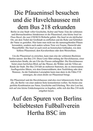 Die Pfaueninsel besuchen
und die Havelchaussee mit
dem Bus 218 erkunden
Berlin ist eine Stadt voller Geschichte, Kultur und Natur. Eine der schönsten
und überraschendsten Attraktionen ist die Pfaueninsel, eine kleine Insel im
Fluss Havel, die zum UNESCO-Welterbe gehört. Die Insel ist ein idyllischer
Ort, um dem Trubel der Großstadt zu entfliehen und die Ruhe und Schönheit
der Natur zu genießen. Hier kann man nicht nur die namensgebenden Pfauen
bewundern, sondern auch andere seltene Tiere wie Fasane, Damwild oder
Wasserbüffel. Die Insel ist auch reich an historischen Gebäuden, wie dem
Schloss Pfaueninsel, dem Kavaliershaus oder dem Meiereihaus.
Um die Pfaueninsel zu erreichen, kann man eine der schönsten Buslinien
Berlins nutzen: den Bus 218. Diese Linie fährt entlang der Havelchaussee, einer
malerischen Straße, die am Ufer des Flusses entlangführt. Die Havelchaussee
bietet einen herrlichen Blick auf das Wasser, die Wälder und die Villen am
Rande der Stadt. Der Bus 218 hält an mehreren Stationen, die zu interessanten
Ausflugszielen führen, wie dem Grunewaldturm, dem Teufelsberg oder dem
Wannsee. An der Endstation Luisenplatz kann man dann in die Fähre F10
umsteigen, die einen direkt zur Pfaueninsel bringt.
Die Pfaueninsel und die Havelchaussee sind also zwei lohnenswerte Ziele für
alle, die Berlin von einer anderen Seite kennenlernen wollen. Sie bieten eine
perfekte Kombination aus Natur, Geschichte und Erholung. Wer also Lust hat,
sich auf eine kleine Entdeckungsreise zu begeben, sollte sich den Bus 218 nicht
entgehen lassen.
Auf den Spuren von Berlins
beliebtesten Fußballverein
Hertha BSC im
 