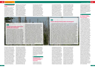 100 preguntas, 100 respuestas                                                                                                                                                                                                 andalUCía InnOVa. FEBRERO 2011



     27                                    vegetación, que la retiene sobre                        las arrastran lejos, reduciendo         Los animales (heterótrofos),         zal mediterráneo (fase inicial) y                 una gran parte de los ecosiste-
     ¿Atraen los bosques la                el terreno), forma los mantos                           las posibilidades de lluvias. La        por ejemplo, los obtienen de         un bosque mediterráneo noble                      mas, además de generar can-
     lluvia?                               freáticos y los acuíferos. El                           humedad del bosque, la cu-              formas biológicas ya construi-       cerrado y denso (fase madura):                    tidades no procesables por los
     DD respuesta sencilla es “sí”,
       La                                  bosque permite la retención                             bierta constante de nubes y la          das: los llamamos alimentos.         en el primer caso, el ciclo de                    sistemas biológicos y con ello,
     aunque hay que explicarlo:            de agua y la bombea a la at-                            transpiración (pérdida de agua          Las plantas (autótrofos) los         nutrientes es más abierto y se                    un desaprovechamiento de nu-
     Los bosques son en sí un gran         mósfera a través de los árboles,                        a través de las hojas), crean una       obtienen del suelo y, junto con      escapan más allá de los límites                   trientes que irán a sumideros
     almacén de agua, ayudan a             desde sus profundos sistemas                            intensa humedad local. Cada             el carbono proveniente del           del sistema considerado (un                       alejados en tiempo y espacio de
     retenerla y son importantes           de raíces hasta las hojas que la                        árbol del dosel transpira más de        CO2 atmosférico, la luz y el         pastizal o un matorral poco                       la vida como, por ejemplo, los
     reguladores del ciclo hídrico         liberan al aire, propiciando hu-                        500 litros de agua al año, que se       agua, generan los hidratos de        denso). Cuando el ecosiste-                       fondos oceánicos.
     de las regiones. Los suelos de        medad y con ello la posibilidad                         traduce como 50,000 litros por          carbono, y con ellos su bioma-       ma evoluciona hacia una fase
     los bosques son capaces de            de lluvia (dependiendo de la                            cada hectárea, como valor de            sa, que puede ser muy grande         más madura (el bosque noble,                      31
     absorber 4 veces más agua de          disminución de la temperatura                           referencia, a determinar en cada        como en el caso de los árboles.      cerrado, denso), el ciclo de nu-                  ¿A todos los árboles
                                                                                                                                                                                                                                  les “cuesta” lo mismo
                                                                                                                                                                                                                                  hacer una hoja?
                                                                                                                                                                                                                                  DD hojas constituyen un
                                                                                                                                                                                                                                      Las

                                                                                                                                       30                                                                                         elemento fundamental en los
                                                                                                                                                                                                                                  bosques, son el gran aparato
                                                                                                                                       ¿Cómo afecta la lluvia ácida a los bosques?                                                fotosintético. Sin embargo, no
                                                                                                                                                                                                                                  son gratuitas; exigen nutrien-
                                                                                                                                       DD Aunque generalmente hablamos de “lluvia ácida”, es más general usar el concepto         tes para su construcción y tie-

            28                                                           en bosques de abedules y abetos. En este último caso,
                                                                         se ha podido estimar que la ganancia neta de carbono
                                                                                                                                       de “deposición ácida”, que incluye además niebla, bruma o nieve con más acidez de lo
                                                                                                                                       normal (con un pH inferior a 5,5). Asimismo, se llama genéricamente “precipitación
                                                                                                                                                                                                                                  nen un gasto de mantenimien-
                                                                                                                                                                                                                                  to. Por otro lado son sensibles
            ¿Están conectados entre sí los                               del abeto, en comparación al abedul, representa el 6%         ácida” a la combinación de deposición y caída de partículas ácidas secas que también       a los factores ambientales, por
                                                                         de la cantidad que fija este último por fotosíntesis, y       existen en la atmósfera. Se origina cuando las emisiones de dióxido de azufre y óxidos     eso existen especies de hoja
            árboles de un bosque?                                        que la transferencia neta de carbono entre ambos va-          de nitrógeno, generados fundamentalmente por la actividad industrial, reacciona con        perenne y de hoja caduca. Las
            DD Efectivamente, los árboles de un bosque pueden            ría según el grado de sombreado del abedul: a mayor           los radicales hidroxilos y el vapor de agua de la atmósfera, formando sus ácidos res-      especies caducifolias eliminan
            estar interconectados a nivel de las raíces, ya sean o       cantidad de luz recibida, menor transferencia neta. Me-       pectivos. Origina un problema transnacional, ya que sus desencadenantes se originan        sus hojas tras recibir una señal
            no de la misma especie. Ésta es una de las funciones         diante este tipo de procesos, un bosque funciona como         en un lugar pero pueden afectar a otros debido al movimiento de las masas de aire.         preceptiva, antes del invierno,
            más importantes que cumple el micelio micorricico, es        un todo; el carbono puede pasar de plantas bien ilumi-        Mucho del daño de la precipitación (lluvia) ácida a los bosques se debe a reacciones       ya que no pueden mantener el
            decir, la red de tejido que forman las raíces de las plan-   nadas a plantas sombreadas, influyendo en la dinámica         químicas en los suelos: la deposición ácida libera aluminio (tóxico) a los suelos al ba-   gasto que supone su persisten-
            tas con la masa de hilillos que constituye el cuerpo ve-     del ecosistema, ya que promueve la coexistencia y la          jar el pH del suelo; el agua ácida disuelve determinados nutrientes minerales (como        cia en una estación limitante
            getativo de los hongos en el suelo. La transferencia de      diversidad de especies. Bajo esta óptica, las ectomico-       calcio y magnesio) y los arrastra consigo antes de que los árboles y otras plantas         para la fijación de carbono. Este
            carbono en especies de pinos (Pinus spp.), hayas (Fagus      rrizas (micorrizas que se desarrollan sin penetrar en el      puedan usarlos para su crecimiento. Además, ocasiona la pérdida de nutrientes en las       tipo de plantas vuelve a gene-
            spp.) y alisos (Alnus spp.) a través de este micelio está    interior de las células de las raíces de los árboles) son     hojas y disminuye la resistencia de los árboles a los daños producidos por otros fac-      rar todas las hojas que precisa
            comprobada, tanto entre especies similares como en-          un importante elemento en el mantenimiento la biodi-          tores ambientales, por ejemplo, el frío del invierno o la sequía veraniega. Con mucha      tras el paso de la estación. En
            tre especies diferentes. Así, también se ha comprobado       versidad vegetal en los bosques. Como dato curioso, en        frecuencia, los daños que sufren los árboles son consecuencia no sólo de los efectos       forma de carbono y nitrógeno,
            la transferencia de fósforo en pinos interconectados         el año 2000 se descubrió uno de los organismos vivos          negativos de la lluvia ácida, sino de su combinación con uno o más factores agresores      es más “barato” tirar las hojas
            o la de nitrógeno en abetos conectados con hayas y           más grandes que se conocen, un hongo micorrícico              que los debilitan. La deposición ácida ocasiona el crecimiento retardado, el daño, de-     cada año y hacerlas de nuevo
            alisos. La transferencia puede ocurrir de forma bidirec-     (Armilaria ostoyae) que se extiende unas 900 hectá-           gradación o muerte de bosques terrenos de muchas regiones industriales del planeta,        que mantenerlas. Las especies
            cional, como se ha visto para el carbono entre árboles       reas en un bosque de Oregón.                                  y está muy relacionada con la declinación mundial de los bosques actuales.                 perennifolias son capaces de
                                                                                                                                                                                                                                  fijar carbono sin perder agua
                                                                                                                                                                                                                                  ni sufrir por frío excesivamente
                                                                                                                                                                                                                                  durante el invierno, por lo que
     lluvia que los suelos cubiertos       con la altura en la atmósfera).                         enclave. Los grandes bosques            Los bosques acumulan gran            trientes es más cerrado y se es-                  sí pueden permitirse el gasto
     por pastos o matorral, y 18 ve-       Así, esta reserva subterránea y                         lluviosos (y su humedad) contri-        cantidad de biomasa y, por tan-      capan menos nutrientes hacia                      de mantenimiento. Aunque no
     ces más que el suelo desnudo.         constante de agua es liberada                           buyen a la formación de nubes           to, muchos nutrientes que no         otros ecosistemas limítrofes.                     pierden el total de hojas una
     Por ello, tienen la propiedad de      lenta y gradualmente, ayudando                          de lluvia y generan alrededor           quedan a disposición de otros        El bosque constituye un alma-                     vez al año, las especies peren-
     retener grandes cantidades de         a evitar las inundaciones y se-                         del 75 por ciento de su propia          seres vivos. Por esto ¿debemos       cén de nutrientes que permite                     nifolias también renuevan sus
     agua. Además, son los ecosis-         quías estacionales. Este bombeo                         precipitación. El bosque lluvioso       considerarlos egoístas? De           un procesado eficiente de los                     hojas, pero lo hacen poco a
     temas que más agua producen:          de agua es esencial en el ciclo                         del Amazonas es el responsable          forma natural, los ecosistemas       mismos, en equilibrio con una                     poco. La vida de las hojas no
     al caer, la lluvia es captada y       del agua a nivel global. A mayor                        de crear el 50 por ciento de su         evolucionan desde fases juveni-      alta biodiversidad y una eleva-                   es igual en todas las especies y
     asimilada por la espesa vege-         vegetación, mayor presencia                             propia lluvia.                          les (p.e. un herbazal) hasta fases   da estabilidad. La retención de                   también varía con las condicio-
     tación, cae al suelo como “agua       de lluvia. Cuando se condensa                                                                   maduras (p.e. un bosque), en un      nutrientes del bosque, tanto en                   nes limitantes del medio. Como
     madre”, se capta por la raíces        la humedad generada por el                              29                                      proceso que puede durar cien-        la selva como en la zona medi-                    ejemplo, en un bosque de pi-
     y se evapora nuevamente pa-           bosque a baja altura, como                              ¿Son egoístas los                       tos o miles de años. Con res-        terránea, permite un eficiente                    nos en las dunas de la cuenca
     ra contribuir a formar nubes          sucede en las zonas selváticas                          árboles de los bosques                  pecto los nutrientes minerales,      uso de los mismos y genera un                     mediterránea, donde el medio
     sobre la propia formación bos-        y bosques de montaña, se incre-                         con los nutrientes                      existe un importante cambio en       “mercado sostenible” de ellos a                   es escaso en nutrientes, la
     cosa, si ésta es de envergadura       menta la lluvia; en cambio en las                       minerales?                              el funcionamiento del ecosis-        largo plazo. Cuando un bosque                     producción de hojas es “cara” y
     y la dinámica de la atmósfera         zonas deforestadas, las nubes                           DDTodos los seres vivos ne-             tema desde una fase a otra. Por      se quema o tala, los nutrientes                   las acículas pueden durar en el
     lo permite. Al filtrarse en el        se forman a gran altura y son                           cesitamos nutrientes para               ejemplo, entre un matorral co-       retenidos circulan por fases no                   árbol varios años para “amorti-
     subsuelo (con la ayuda de la          presa fácil de los vientos, que                         construir nuestra biomasa.              lonizador, incipiente, con pasti-    biológicas y se pierden para                      zar” su construcción.

14                                                                                                                                                                                                                                                                    15
 