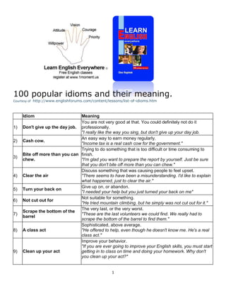 100 popular idioms and their meaning.
Courtesy of http://www.englishforums.com/content/lessons/list-of-idioms.htm

Idiom
1)
2)

3)

4)
5)
6)
7)

8)

9)

Meaning
You are not very good at that. You could definitely not do it
Don't give up the day job. professionally.
"I really like the way you sing, but don't give up your day job.
An easy way to earn money regularly.
Cash cow.
"Income tax is a real cash cow for the government."
Trying to do something that is too difficult or time consuming to
Bite off more than you can finish.
chew.
"I'm glad you want to prepare the report by yourself. Just be sure
that you don't bite off more than you can chew."
Discuss something that was causing people to feel upset.
Clear the air
"There seems to have been a misunderstanding. I'd like to explain
what happened, just to clear the air."
Give up on, or abandon.
Turn your back on
"I needed your help but you just turned your back on me"
Not suitable for something.
Not cut out for
"He tried mountain climbing, but he simply was not cut out for it."
The very last, or the very worst.
Scrape the bottom of the
"These are the last volunteers we could find. We really had to
barrel
scrape the bottom of the barrel to find them."
Sophisticated, above average.
A class act
"He offered to help, even though he doesn't know me. He's a real
class act."
Improve your behavior.
"If you are ever going to improve your English skills, you must start
Clean up your act
getting in to class on time and doing your homework. Why don't
you clean up your act?"

1

 