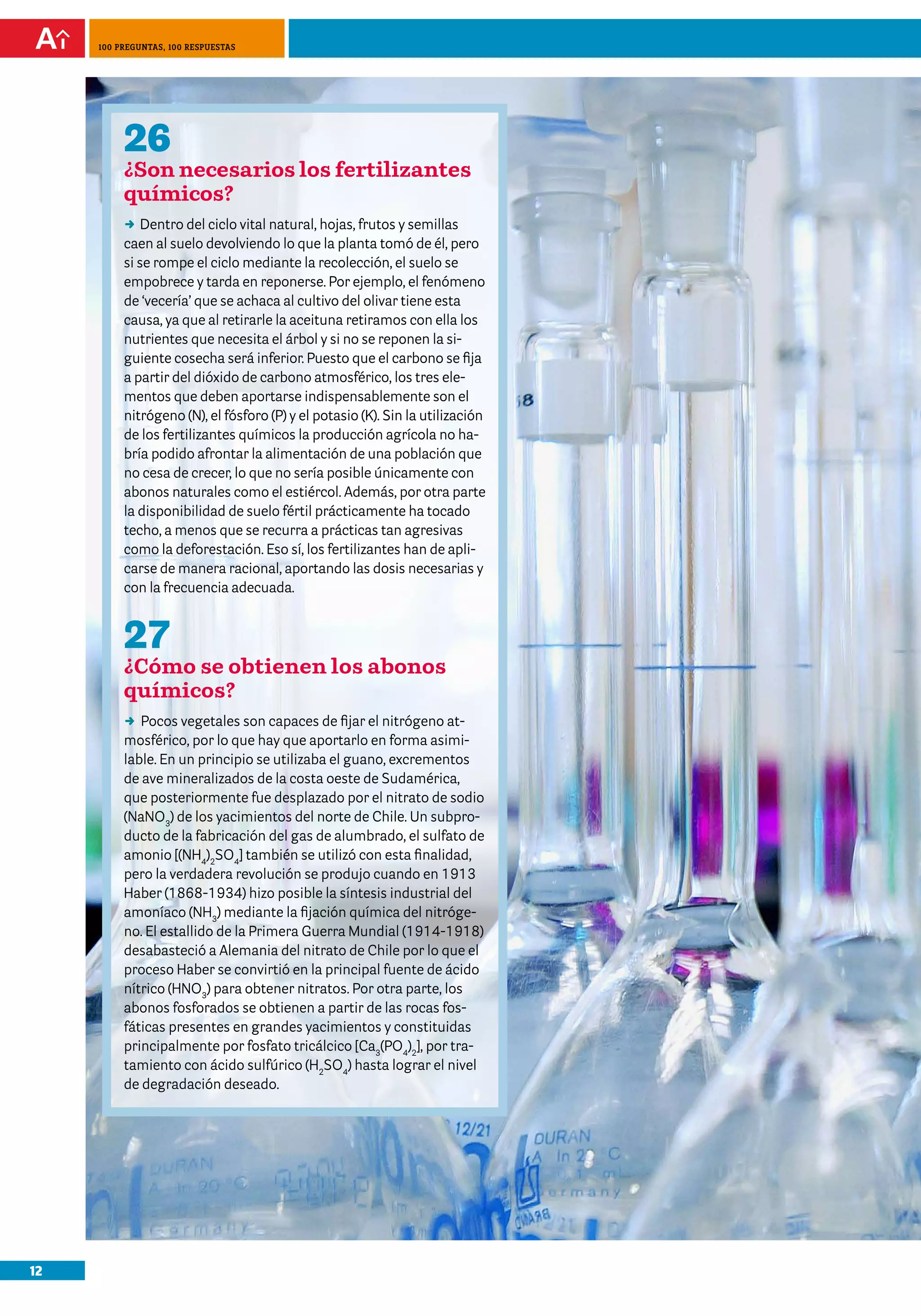 12
100 preguntas, 100 respuestas
26
¿Son necesarios los fertilizantes
químicos?
DD Dentro del ciclo vital natural, hojas, frutos y semillas
caen al suelo devolviendo lo que la planta tomó de él, pero
si se rompe el ciclo mediante la recolección, el suelo se
empobrece y tarda en reponerse. Por ejemplo, el fenómeno
de ‘vecería’ que se achaca al cultivo del olivar tiene esta
causa, ya que al retirarle la aceituna retiramos con ella los
nutrientes que necesita el árbol y si no se reponen la si-
guiente cosecha será inferior. Puesto que el carbono se fija
a partir del dióxido de carbono atmosférico, los tres ele-
mentos que deben aportarse indispensablemente son el
nitrógeno (N), el fósforo (P) y el potasio (K). Sin la utilización
de los fertilizantes químicos la producción agrícola no ha-
bría podido afrontar la alimentación de una población que
no cesa de crecer, lo que no sería posible únicamente con
abonos naturales como el estiércol. Además, por otra parte
la disponibilidad de suelo fértil prácticamente ha tocado
techo, a menos que se recurra a prácticas tan agresivas
como la deforestación. Eso sí, los fertilizantes han de apli-
carse de manera racional, aportando las dosis necesarias y
con la frecuencia adecuada.
27
¿Cómo se obtienen los abonos
químicos?
DD Pocos vegetales son capaces de fijar el nitrógeno at-
mosférico, por lo que hay que aportarlo en forma asimi-
lable. En un principio se utilizaba el guano, excrementos
de ave mineralizados de la costa oeste de Sudamérica,
que posteriormente fue desplazado por el nitrato de sodio
(NaNO3
) de los yacimientos del norte de Chile. Un subpro-
ducto de la fabricación del gas de alumbrado, el sulfato de
amonio [(NH4
)2
SO4
] también se utilizó con esta finalidad,
pero la verdadera revolución se produjo cuando en 1913
Haber (1868-1934) hizo posible la síntesis industrial del
amoníaco (NH3
) mediante la fijación química del nitróge-
no. El estallido de la Primera Guerra Mundial (1914-1918)
desabasteció a Alemania del nitrato de Chile por lo que el
proceso Haber se convirtió en la principal fuente de ácido
nítrico (HNO3
) para obtener nitratos. Por otra parte, los
abonos fosforados se obtienen a partir de las rocas fos-
fáticas presentes en grandes yacimientos y constituidas
principalmente por fosfato tricálcico [Ca3
(PO4
)2
], por tra-
tamiento con ácido sulfúrico (H2
SO4
) hasta lograr el nivel
de degradación deseado.
 
