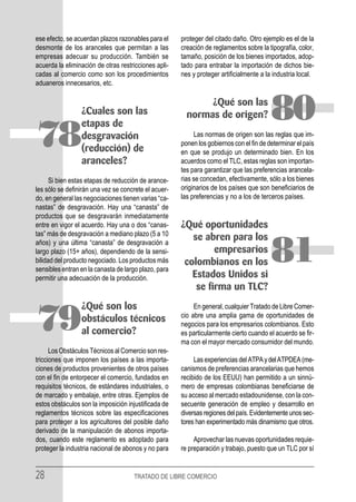 ese efecto, se acuerdan plazos razonables para el     proteger del citado daño. Otro ejemplo es el de la
desmonte de los aranceles que permitan a las          creación de reglamentos sobre la tipografía, color,
empresas adecuar su producción. También se            tamaño, posición de los bienes importados, adop-
acuerda la eliminación de otras restricciones apli-   tado para entrabar la importación de dichos bie-
cadas al comercio como son los procedimientos         nes y proteger artificialmente a la industria local.
aduaneros innecesarios, etc.


                 ¿Cuales son las
                 etapas de
                                                             ¿Qué son las
                                                        normas de origen?                80
78               desgravación
                 (reducción) de
                                                           Las normas de origen son las reglas que im-
                                                      ponen los gobiernos con el fin de determinar el país
                                                      en que se produjo un determinado bien. En los
                 aranceles?                           acuerdos como el TLC, estas reglas son importan-
                                                      tes para garantizar que las preferencias arancela-
      Si bien estas etapas de reducción de arance-    rias se concedan, efectivamente, sólo a los bienes
les sólo se definirán una vez se concrete el acuer-   originarios de los países que son beneficiarios de
do, en general las negociaciones tienen varias “ca-   las preferencias y no a los de terceros países.
nastas” de desgravación. Hay una “canasta” de
productos que se desgravarán inmediatamente
entre en vigor el acuerdo. Hay una o dos “canas-      ¿Qué oportunidades
tas” más de desgravación a mediano plazo (5 a 10
                                                         se abren para los
años) y una última “canasta” de desgravación a
largo plazo (15+ años), dependiendo de la sensi-
bilidad del producto negociado. Los productos más
sensibles entran en la canasta de largo plazo, para
                                                               empresarios
                                                       colombianos en los
                                                         Estados Unidos si
                                                                                         81
permitir una adecuación de la producción.
                                                          se firma un TLC?
                 ¿Qué son los                              En general, cualquier Tratado de Libre Comer-

79               obstáculos técnicos
                 al comercio?
                                                      cio abre una amplia gama de oportunidades de
                                                      negocios para los empresarios colombianos. Esto
                                                      es particularmente cierto cuando el acuerdo se fir-
                                                      ma con el mayor mercado consumidor del mundo.
      Los Obstáculos Técnicos al Comercio son res-
tricciones que imponen los países a las importa-           Las experiencias del ATPA y del ATPDEA (me-
ciones de productos provenientes de otros países      canismos de preferencias arancelarias que hemos
con el fin de entorpecer el comercio, fundados en     recibido de los EEUU) han permitido a un sinnú-
requisitos técnicos, de estándares industriales, o    mero de empresas colombianas beneficiarse de
de marcado y embalaje, entre otras. Ejemplos de       su acceso al mercado estadounidense, con la con-
estos obstáculos son la imposición injustificada de   secuente generación de empleo y desarrollo en
reglamentos técnicos sobre las especificaciones       diversas regiones del país. Evidentemente unos sec-
para proteger a los agricultores del posible daño     tores han experimentado más dinamismo que otros.
derivado de la manipulación de abonos importa-
dos, cuando este reglamento es adoptado para               Aprovechar las nuevas oportunidades requie-
proteger la industria nacional de abonos y no para    re preparación y trabajo, puesto que un TLC por sí


28                                   TRATADO DE LIBRE COMERCIO
 
