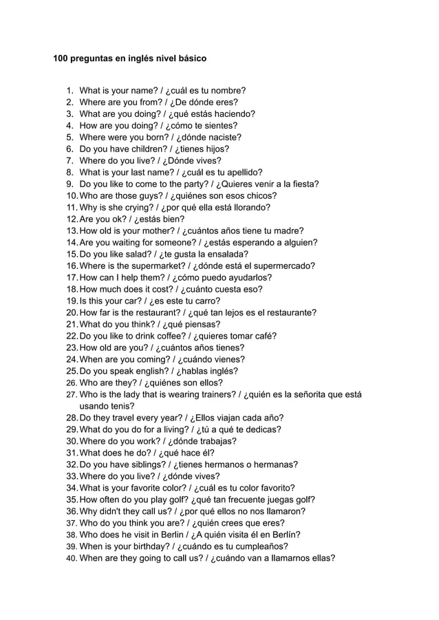 100 preguntas en ingles PDF 100 preguntas en ingles PDF