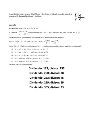 En una división entera la suma del dividendo y del divisor es 328, y la suma del cociente y 
el resto es 19. Calcula el dividendo y el divisor. 
SOLUCIÓN 
Sea la división entera D : d ⇒ D = dc + r 
Se sabe que 
   
+ = 
D d 
+ = 
328 
19 
c r 
, cumpliéndose que r < d < D. Por tanto D > 164 , 19 < d <164 , r <19 [*] 
Despejando en las condiciones y sustituyendo en la primera expresión tenemos 
- = - + ⇒ - = - ⇒ = - 
( ) 
r 
308 
r r 
d d r r d dr r d 
- 
= + 
328 
- 
20 
1 
20 
328 19 20 328 
Como 328 = 22 ´7´11 y es divisible por 20 - r , estudiamos los posibles valores según las condiciones [*] 
a) 20 - r = 2⇒ d =155 , r =18⇒c =1⇒ D =173 
b) 20 - r = 4⇒ d = 78 , r =16⇒c = 3⇒ D = 250 
c) 20 - r = 7 ⇒ d = 45 , r =13⇒c = 6⇒ D = 283 
d) 20 - r =11⇒ d = 29 , r = 9⇒c =10⇒ D = 299 
e) 20 - r =14⇒ d = 23, r = 6⇒c =13⇒ D = 305 
Por tanto, hay cinco posibilidades: 
Dividendo: 173; divisor: 155 
Dividendo: 250; divisor: 78 
Dividendo: 283; divisor: 45 
Dividendo: 299; divisor: 29 
Dividendo: 305; divisor: 23 
 