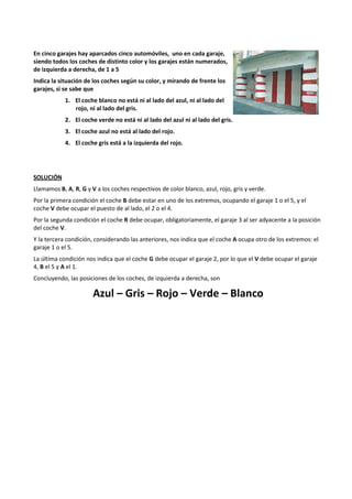 En cinco garajes hay aparcados cinco automóviles, uno en cada garaje, 
siendo todos los coches de distinto color y los garajes están numerados, 
de izquierda a derecha, de 1 a 5 
Indica la situación de los coches según su color, y mirando de frente los 
garajes, si se sabe que 
1. El coche blanco no está ni al lado del azul, ni al lado del 
rojo, ni al lado del gris. 
2. El coche verde no está ni al lado del azul ni al lado del gris. 
3. El coche azul no está al lado del rojo. 
4. El coche gris está a la izquierda del rojo. 
SOLUCIÓN 
Llamamos B, A, R, G y V a los coches respectivos de color blanco, azul, rojo, gris y verde. 
Por la primera condición el coche B debe estar en uno de los extremos, ocupando el garaje 1 o el 5, y el 
coche V debe ocupar el puesto de al lado, el 2 o el 4. 
Por la segunda condición el coche R debe ocupar, obligatoriamente, el garaje 3 al ser adyacente a la posición 
del coche V. 
Y la tercera condición, considerando las anteriores, nos indica que el coche A ocupa otro de los extremos: el 
garaje 1 o el 5. 
La última condición nos indica que el coche G debe ocupar el garaje 2, por lo que el V debe ocupar el garaje 
4, B el 5 y A el 1. 
Concluyendo, las posiciones de los coches, de izquierda a derecha, son 
Azul – Gris – Rojo – Verde – Blanco 
 