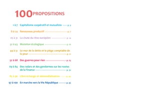 100                        PROPOSITIONS

     1 à 7 Capitalisme coopératif et mutualiste -------- p. 3

  8 à 24 Renouveau productif ----------------------------------------- p. 7

 25 à 31 La chute du rêve européen --------------------------- p. 14

 32 à 43 Mutation écologique ---------------------------------------- p. 16

 44 à 51 Le mur de la dette et le piège comptable de
         la peur ---------------------------------------------------------------------- p. 21

52 à 68 Des guerres pour rien -------------------------------------- p. 25

69 à 84 Des radars et des gendarmes sur les routes
        de la finance --------------------------------------------------------- p. 32

85 à 96 Libre échange et démondialisation ---------- p. 40

97 à 100 En marche vers la VIe République ------------- p. 45
 