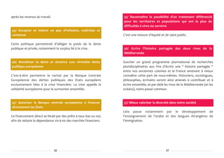 après les revenus du travail.                                      55/ Reconnaître la possibilité d'un traitement différencié
                                                                   pour les territoires et populations qui ont le plus de
                                                                   difficultés à vivre ou survivre
45/ Accepter et tolérer un peu d'inflation, maîtrisée et
contenue                                                           C'est une mesure d'équité et de salut public.

Cette politique permettrait d'alléger le poids de la dette
publique et privée, notamment le surplus lié à la crise.           56/ Ecrire l'histoire partagée des deux rives de la
                                                                   Méditerranée

46/ Monétiser la dette et émettre une véritable dette              Susciter un grand programme plurinational de recherches
publique européenne                                                pluridisciplinaires aux fins d'écrire une " histoire partagée "
                                                                   entre nos anciennes colonies et la France amenant à mieux
C'est-à-dire permettre le rachat par la Banque Centrale            connaître cette part de nous-mêmes. Historiens, sociologues,
Européenne des dettes publiques des Etats européens                philosophes, écrivains seront ainsi amenés à contribuer et à
exclusivement liées à la crise financière. La crise appelle la     écrire ensemble, et par-delà les rives de la Méditerranée (et les
solidarité européenne pour la surmonter ensemble.                  océans), notre passé commun.



47/ Autoriser la Banque centrale européenne à financer             57/ Mieux valoriser la diversité dans notre société
directement les États
                                                                   Cela passe notamment par le développement de
Ce financement direct se ferait par des prêts à taux bas ou nul,   l'enseignement de l'arabe et des langues étrangères de
afin de réduire la dépendance vis-à-vis des marchés financiers.    l'immigration.




                                22                                                                27
 