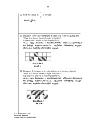 ELAVARASAN A/L SELVOM
11
1
50. Find the value of  of RM280
5
RM280
5
1
51. Diagram 1 shows a rectangle divided into twelve equal parts.
What fraction of the rectangle is shaded?
Express your answer in the simplest form.
.
.
DIAGRAM 1
1
52. Diagram 2 shows a rectangle divided into ten equal parts.
What fraction of the rectangle is shaded?
Express your answer in the simplest form.
2 10
.
.
DIAGRAM 2
RAJAH 2
 