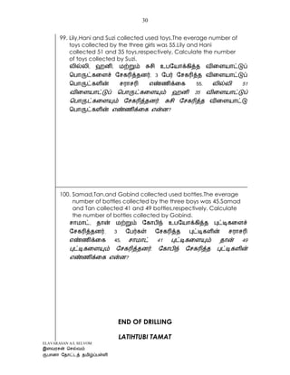ELAVARASAN A/L SELVOM
30
99. Lily,Hani and Suzi collected used toys.The everage number of
toys collected by the three girls was 55.Lily and Hani
collected 51 and 35 toys,respectively. Calculate the number
of toys collected by Suzi.
55. 51
.
?
100. Samad,Tan,and Gobind collected used bottles.The everage
number of bottles collected by the three boys was 45.Samad
and Tan collected 41 and 49 bottles,respectively. Calculate
the number of bottles collected by Gobind.
45. 4
.
?
END OF DRILLING
LATIHTUBI TAMAT
 