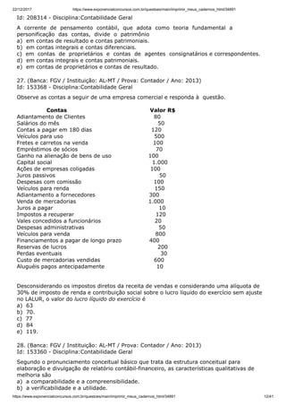 22/12/2017 https://www.exponencialconcursos.com.br/questoes/main/imprimir_meus_cadernos_html/34891
https://www.exponencialconcursos.com.br/questoes/main/imprimir_meus_cadernos_html/34891 12/41
Id: 208314 - Disciplina:Contabilidade Geral
A corrente de pensamento contábil, que adota como teoria fundamental a
personificação das contas, divide o patrimônio
a) em contas de resultado e contas patrimoniais.
b) em contas integrais e contas diferenciais.
c) em contas de proprietários e contas de agentes consignatários e correspondentes.
d) em contas integrais e contas patrimoniais.
e) em contas de proprietários e contas de resultado.
27. (Banca: FGV / Instituição: AL-MT / Prova: Contador / Ano: 2013)
Id: 153368 - Disciplina:Contabilidade Geral
Observe as contas a seguir de uma empresa comercial e responda à questão.
Contas Valor R$
Adiantamento de Clientes 80
Salários do mês 50
Contas a pagar em 180 dias 120
Veículos para uso 500
Fretes e carretos na venda 100
Empréstimos de sócios 70
Ganho na alienação de bens de uso 100
Capital social 1.000
Ações de empresas coligadas 100
Juros passivos 50
Despesas com comissão 100
Veículos para renda 150
Adiantamento a fornecedores 300
Venda de mercadorias 1.000
Juros a pagar 10
Impostos a recuperar 120
Vales concedidos a funcionários 20
Despesas administrativas 50
Veículos para venda 800
Financiamentos a pagar de longo prazo 400
Reservas de lucros 200
Perdas eventuais 30
Custo de mercadorias vendidas 600
Aluguéis pagos antecipadamente 10
Desconsiderando os impostos diretos da receita de vendas e considerando uma alíquota de
30% de imposto de renda e contribuição social sobre o lucro líquido do exercício sem ajuste
no LALUR, o valor do lucro líquido do exercício é
a) 63
b) 70.
c) 77
d) 84
e) 119.
28. (Banca: FGV / Instituição: AL-MT / Prova: Contador / Ano: 2013)
Id: 153360 - Disciplina:Contabilidade Geral
Segundo o pronunciamento conceitual básico que trata da estrutura conceitual para
elaboração e divulgação de relatório contábil-financeiro, as características qualitativas de
melhoria são
a) a comparabilidade e a compreensibilidade.
b) a verificabilidade e a utilidade.
 
