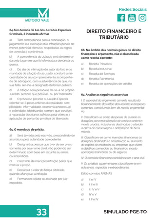   
Redes Sociais
33 SIMULADO PGE-TO
DIREITO FINANCEIRO E
TRIBUTÁRIO
66. No âmbito das normais gerais de direito
financeiro e orçamento, não é classificada
como receita corrente:
a)	 Receita Tributária
b)	 Receita Industrial
c)	 Receita de Serviços
d)	 Receita Patrimonial
e)	 Receita de operações de crédito
67. Analise as seguintes assertivas
I. O superávit do orçamento corrente resulta do
balanceamento dos totais das receitas e despesas
correntes, constituindo item de receita orçamentá-
ria.
II. Classificam-se como despesas de custeio as
dotações para manutenção de serviços anterior-
mente criados, inclusive as destinadas a atender
a obras de conservação e adaptação de bens
móveis.
III. Classificam-se como inversões financeiras as
dotações destinadas a constituição ou aumento
do capital de entidades ou empresas que visem
a objetivos comerciais ou financeiros, exceto
operações bancárias ou de seguros.
IV. O exercício financeiro coincidirá com o ano civil.
V. Os créditos suplementares classificam-se em
adicionais, especiais e extraordinários.
Estão corretos APENAS
a)	 II e IV
b)	 I, II e III
c)	 II, IV e V
d)	 IV e V
e)	 I, II e IV
64. Nos termos da Lei dos Juizados Especiais
Criminais, é incorreto afirmar
a)	 Tem competência para a conciliação, o
julgamento e a execução das infrações penais de
menor potencial ofensivo, respeitadas as regras
de conexão e continência.
b)	 A competência do Juizado será determina-
da pelo lugar em que foi oferecida a denúncia ou
queixa.
c)	 Do ato de intimação do autor do fato e do
mandado de citação do acusado, constará a ne-
cessidade de seu comparecimento acompanha-
do de advogado, com a advertência de que, na
sua falta, ser-lhe-á designado defensor público.
d)	 A citação será pessoal e far-se-á no próprio
Juizado, sempre que possível, ou por mandado.
e)	 O processo perante o Juizado Especial
orientar-se-á pelos critérios da oralidade, sim-
plicidade, informalidade, economia processual
e celeridade, objetivando, sempre que possível,
a reparação dos danos sofridos pela vítima e a
aplicação de pena não privativa de liberdade.
65. O mandado de prisão,
a)	 Será lavrado pelo escrivão, prescindindo de
assinatura pela autoridade competente.
b)	 Designará a pessoa que tiver de ser preso
somente por seu nome cível, não podendo ser
determinado com base em alcunha ou sinais
característicos.
c)	 Prescinde de mençãoàinfração penal que
motivar a prisão.
d)	 Declarará o valor da fiança arbitrada,
quando afiançável a infração.
e)	 Permanece válido se assinado por juiz
impedido.
 