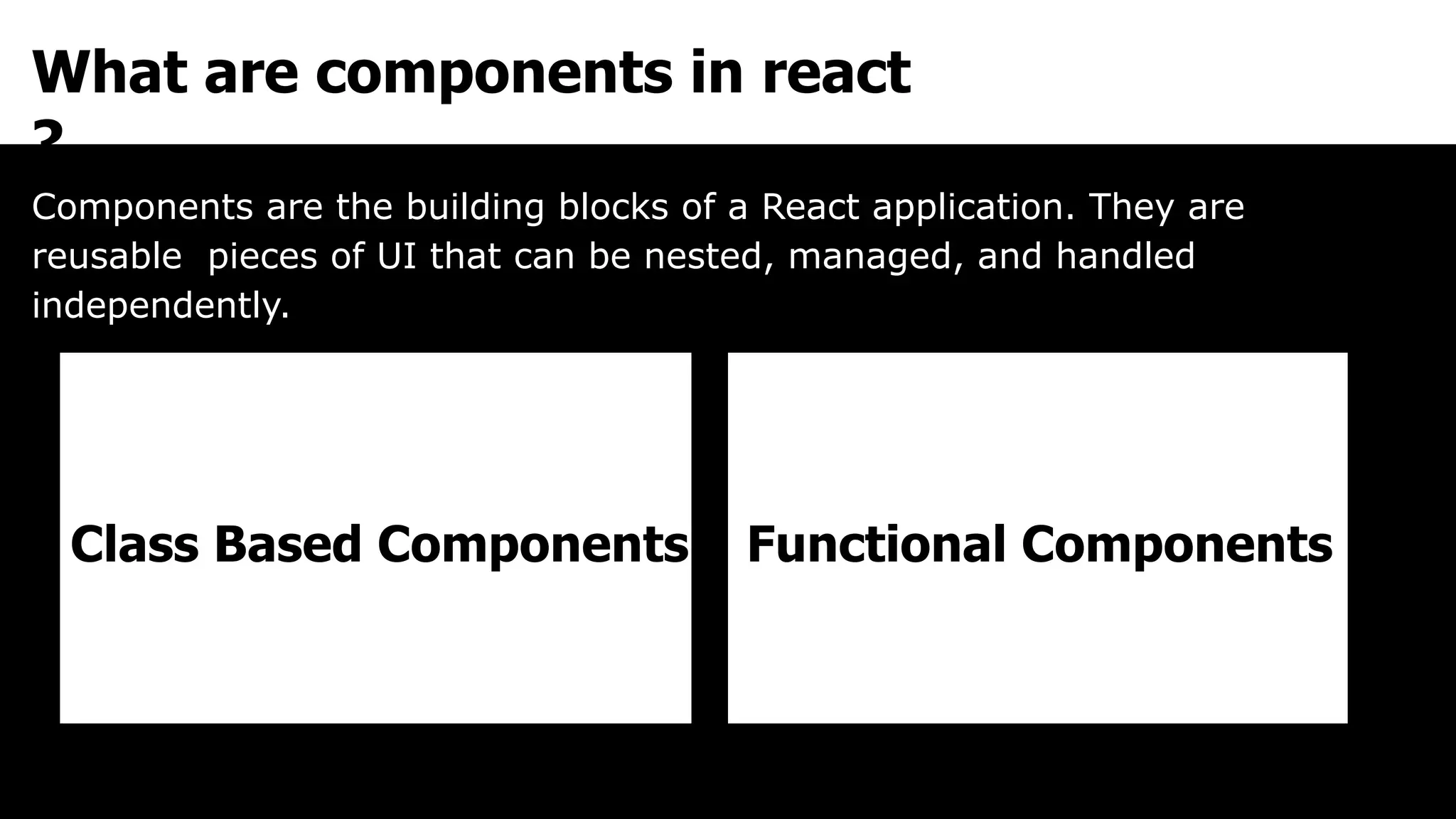 Class Based Components
What are components in react
?
Components are the building blocks of a React application. They are
reusable pieces of UI that can be nested, managed, and handled
independently.
Functional Components
 