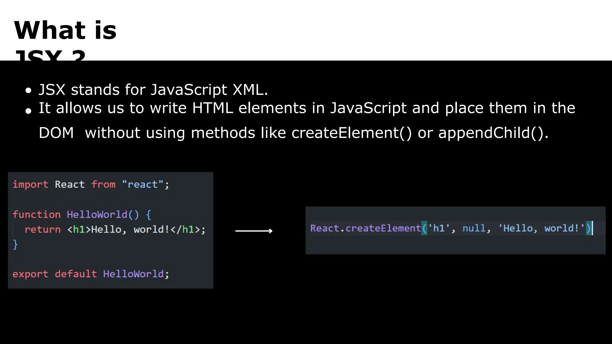 What is
JSX ?
JSX stands for JavaScript XML.
It allows us to write HTML elements in JavaScript and place them in the
DOM without using methods like createElement() or appendChild().
 