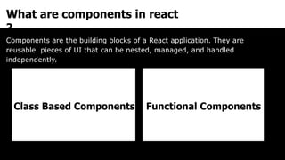 Class Based Components
What are components in react
?
Components are the building blocks of a React application. They are
reusable pieces of UI that can be nested, managed, and handled
independently.
Functional Components
 