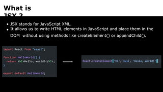 What is
JSX ?
JSX stands for JavaScript XML.
It allows us to write HTML elements in JavaScript and place them in the
DOM without using methods like createElement() or appendChild().
 