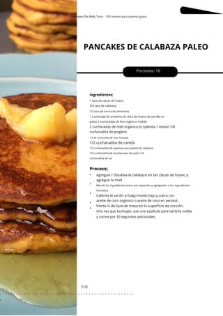 1 taza de claras de huevo
3/4 taza de calabaza
Okinawa Flat Belly Tonic - 100 recetas para quemar grasa
1 cucharada de proteína de clara de huevo de vainilla en
polvo 2 cucharadas de lino orgánico molido
PANCAKES DE CALABAZA PALEO
110
•
•
•
•
•
1/2 cucharadita de canela
Porciones: 10
Ingredientes;
Vierta ¼ de taza de masa en la superficie de cocción.
Agregue / disuelva la calabaza en las claras de huevo y
agregue la miel
1/2 taza de harina de almendras
1/2 cucharadita de especias para pastel de calabaza
1/4 cucharadita de bicarbonato de sodio 1/4
cucharadita de sal
Mezcle los ingredientes secos por separado y agréguelos a los ingredientes
húmedos.
2 cucharadas de miel orgánica (o splenda / stevia) 1/8
cucharadita de jengibre
Caliente la sartén a fuego medio bajo y cubra con
aceite de coco orgánico o aceite de coco en aerosol.
Una vez que burbujee, use una espátula para darle la vuelta
y cocine por 30 segundos adicionales.
1/4 de cucharadita de nuez moscada
Proceso;
. . . . . . . . . . . . . . . . . . . . . . . . . . . . . . . . . . . . . . . . . . . . . . . . . .
.
 