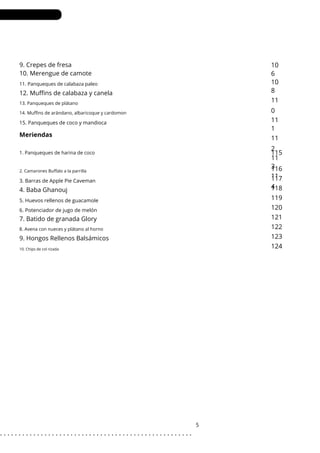 Meriendas
4. Baba Ghanouj
9. Crepes de fresa
10. Merengue de camote
7. Batido de granada Glory
9. Hongos Rellenos Balsámicos
12. Muffins de calabaza y canela
10
6
10
8
11
0
11
1
11
2
11
3
11
4
115
116
117
118
119
120
121
122
123
124
1. Panqueques de harina de coco
11. Panqueques de calabaza paleo
8. Avena con nueces y plátano al horno
13. Panqueques de plátano
14. Muffins de arándano, albaricoque y cardomon
3. Barras de Apple Pie Caveman
5. Huevos rellenos de guacamole
6. Potenciador de jugo de melón
15. Panqueques de coco y mandioca
2. Camarones Buffalo a la parrilla
10. Chips de col rizada
5
. . . . . . . . . . . . . . . . . . . . . . . . . . . . . . . . . . . . . . . . . . . . . . . . . . . .
 