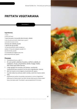 1 huevo
¼ taza de queso parmesano rallado bajo en grasa 1
cucharadita de aceite de oliva
Okinawa Flat Belly Tonic - 100 recetas para quemar grasa
FRITTATA VEGETARIANA
1/3 taza de cebolla picada
1 diente de ajo picado
Porciones: 1
81
Ingredientes;
taza de queso mozzarella descremado, rallado
Luego agregue los tomates y las batatas, revolviendo
suavemente para combinar con los otros ingredientes, reserve.
Batir los huevos con el orégano y la pimienta de cayena.
Cuando todas las verduras estén cocidas, vierte los huevos sobre
ellas.
3 claras de huevo
¼
Precaliente el horno a 450 ° F.
1/3 taza de pimiento verde cortado en
cubitos 1/3 taza de calabacín, picado 1/3
taza de tomate, picado
¼ cucharadita de orégano seco Una
pizca de pimienta de cayena
Espolvoree los quesos mozzarella y parmesano y cocine a fuego lento
hasta que los huevos estén casi listos, hornee hasta que los huevos estén
listos y los lados estén “hinchados”, aproximadamente 25 minutos.
Proceso;
•
•
•
•
•
•
En una sartén calienta el aceite y sofríe la cebolla, el
calabacín, el ajo y el pimiento verde a fuego medio-
alto hasta que estén tiernos.
. . . . . . . . . . . . . . . . . . . . . . . . . . . . . . . . . . . . . . . . . . . . . . . . . . . .
 