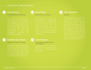 61 62 63
64 65
The impact on a customer of a bad
buying decision is usually greater
than the impact on a salesperson of
a lost deal. Think about the
customer's business and what
business problem they are trying to
address. This helps you take a
solution-centric approach to the sale
– and that is better for both the seller
and the buyer.
The number one key to success in
today's sales environment is speed.
The salesperson who delivers the
most valuable information to their
customer or prospect ﬁrst, wins the
game. The best sales professionals
rely heavily on tools like
salesforce.com to provide that
competitive advantage for
information acceleration.
Use dual monitors. The increase in
productivity is much more than you
can imagine – a great addition for
around $100.
Take the time to identify what types
of customers, verticals, and personal
attributes allow you to bring your
A-game at all times. Then identify
your A-list customers whose values
and businesses align with your own
requirements as a person of worth.
The best sales professionals I know
set (and write down) goals on a
regular basis and they make sure
their goals are S.M.A.R.T. – Speciﬁc,
Measurable, Attainable, Realistic, and
Timely. They write down goals for
each meeting they walk into, they
set daily goals and prioritize what
they need to accomplish, and they
all have long term goals that revolve
around where they want to be in
their personal and professional lives
within a speciﬁc period of time.
Donal Daly
CEO and Founder of The TAS Group
Dave Orrico
VP of Enterprise Sales at InsideSales.com
Larry Reeves
COO at American Association of Inside
Sales Professionals
Babette Ten Haken
Founder of Sales Aerobics for Engineers
John Barrows
Sales Trainer
Page 25100 Sales Tips for 2014
Section Seven: Sales Performance
 