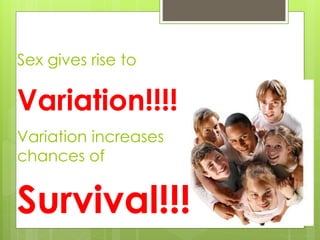 Sex gives rise to 
Variation!!!! 
Variation increases 
chances of 
Survival!!!! 
 
