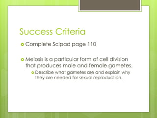 Success Criteria 
 Complete Scipad page 110 
 Meiosis is a particular form of cell division 
that produces male and female gametes. 
 Describe what gametes are and explain why 
they are needed for sexual reproduction. 
 