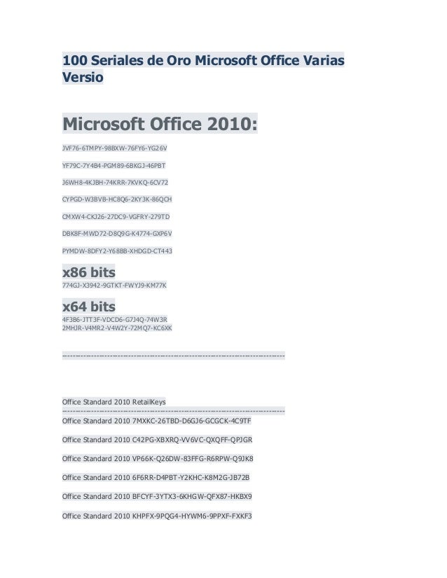 100 Seriales De Oro Microsoft Office Varias Versio