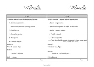 Raciones_2019
19/103 19/104
Al centro de la mesa: 1 ración de cada tipo cada 4 personas Al centro de la mesa: 1 ración de cada tipo cada 4 personas
1.-Lacón con pimientos 1.-Lacón con pimientos
2.-Ensalada de manzana, queso y nueces 2.-Ensalada de suprema de capón escabechado
3.-Chorizo frito 3.-Callos a nuestra manera
4.- Revuelto de setas 4.- Tortilla española
5.- Croquetas 5.- Setas a la plancha
6.-Gambas al ajillo
6. - Plato de embutido: jamón de cebo de campo/ Cecina de León de vacuno
Queso de Villalba de los Alcores
BEBIDAS BEBIDAS
Vino de la casa, Agua Vino de la casa, Agua
POSTRE
POSTRE
Tarta de chocolate Mousse de chocolate blanco
Café y Licores Café y Licores
Precio Precio :
 