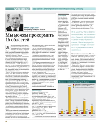 губернаторы                        100 шагов к благоприятному инвестиционному климату

                                                                                                                                      базе завода строительно-отделочных машин –
                                                                                                           *Олег Королев              технопарк, учрежденный им самим при нашей
                                                                                                           Окончил Саратов-           поддержке. Там уже работают 12 компаний,
                                                                                                           ский сельхозинсти-         в том числе из Италии, Германии, Франции,
                                                                                                           тут и Ростовскую           Бельгии.
                                                                                                           высшую партийную             В завершение я хотел бы сказать следую-
                                                                                                           школу. В 1978–1984 гг.     щее. Липецкая область по производитель-
                                                                                                           – председатель колхо-      ности труда на душу населения занимает
                                                                                                           за «Память Ильича».        одно из лидирующих положений, и не
                                                                                                           С 1985 г. – второй         только в России. Но мы не можем ту про-
                                   Олег Королев*                                                           секретарь Долго-           дукцию, которую мы производим, – а это
                                   губернатор Липецкой области                                             руковского райкома
                                                                                                           КПСС, с 1987 г. –
                                                                                                           первый секретарь           Мне кажется, что на различ-
Мы можем прокормить                                                                                        Добринского райкома
                                                                                                           КПСС. В 1989–1990 гг.
                                                                                                           – генеральный ди-
                                                                                                                                      ных форумах, посвященных
                                                                                                                                      инвестициям, мало говорят
16 областей
                                                                                                           ректор объединения
                                                                                                           «Липецкводмелиора-         о самом инвестиционно-
                                                                                                           ция». В 1990 г. избран
                                                                                                           депутатом Липецко-         емком, самом модерниза-
                                                                                                           го областного совета
                                                                                                                                      ционном секторе экономи-
 м
            ы стали пионерами инвестицион-      лали спортивные залы и каждую школу сдаем                  народных депутатов,
            ных процессов от беды. Когда меня
            первый раз избрали губернатором,
                                                с плавательным бассейном.
                                                  Так вот с учетом косвенных инвестиций
                                                                                                           в мае 1992 г. стал его
                                                                                                           председателем.
                                                                                                                                      ки – агропромышленном
            я осознал, что Липецк и Липецкая
область – моногород и монообласть. Основ-
                                                получилось, что за шесть лет вложено от 900
                                                млрд до 1 трлн руб. с лишним. Сейчас в Москве
                                                                                                           В 1998 г. избран
                                                                                                           главой админи-
                                                                                                                                      комплексе.
ными производителями и налогоплательщи-         гадают: нанесет вступление в ВТО ущерб или                 страции области, в
ками тогда были металлурги – 76% оборота и      не нанесет?                                                2002 г. переизбран на      51% российских холодильников, 34% всех
примерно столько же – налогов.                    Сегодняшний уровень инвестиций в высо-                   пост губернатора, в        российских стиральных машин, 14% россий-
  Благодаря инвестициям была осуществлена       котехнологичные производства позволяет                     2005 г. переутверж-        ской стали, те же 14% российского сахара,
фактическая диверсификация экономики.           агропромышленному комплексу Липецкой и                     ден на этой долж-          те же 4,5 млн т сахарной свеклы – провезти
И сегодня при хорошо работающих метал-          Белгородской областей прокормить 16 таких                  ности президентом          ни по одной из дорог. Железные дороги за-
лургических предприятиях их доля в объеме       областей.                                                  РФ. В апреле 2010 г.       гружены, автомобильные трассы только по-
производства области сократилась до 19%, а        В целом инвестиционный процесс шел пре-                  по представлению           строены, все остальное у нас, к сожалению,
налоговые платежи – до 14%. Причем не за        красно. И мы, будучи моногородом и моноо-                  президента России          проблематично.
счет того, что они уменьшили объемы выпуска     бластью, завершили диверсификацию. Сегод-                  депутаты областно-          Мы из любого областного центра не можем
своей продукции или стали хуже работать, а за   ня мы довели вопрос, который решали при                    го совета назначили        по горизонтали приехать в соседний област-
счет того, что, помимо особых экономических     поддержке федерального центра, о создании                  его губернатором еще       ной центр – ехать обязательно надо через
зон, за последние восемь лет мы построили 56    особых экономических зон до совершенства                   на пять лет.               Москву. Недавно было большое совещание в
крупных и средних заводов.                      в том смысле, что используем трехзвенную                                              Брянске – надо ехать, но самолет не летает,
  Причем мне хочется отметить одну неожи-       систему, – выбирай не хочу.                                                           поезда не ходят, дороги разбиты.
данную вещь. Мне кажется, что на различ-          У нас есть федеральная особая зона, там уже                                         А ведь еще должна быть мобильность на-
ных форумах, посвященных инвестициям,           55 млрд руб. освоенных инвестиций, 24 новых                                           селения, мобильность рабочей силы. Поэтому
мало говорят о самом инвестиционноемком,        резидента, но об этой зоне все знают хорошо, я                                        самый главный вопрос, главная просьба – это
самом модернизационном секторе эконо-           не буду долго рассказывать. Есть восемь регио-                                        инфраструктура. n
мики – агропромышленном комплексе. Я            нальных зон, учрежденных нами. Туда попасть
приведу несколько цифр. Липецкая область        проще, а объем инвестиций там ожидается
маленькая и раньше была в основном про-         в размере 180 млрд руб. Это шесть годовых                   Динамика инвестиций в Липецкой области
мышленная. Но она стала сельской и наряду       бюджетов области.
                                                                                                                                            Инвестиции в основной капитал, млрд руб.
с Белгородской областью, наряду с Татар-          И еще у нас есть технопарки, которые                                         1763         Иностранные инвестиции, $ млн
станом и Краснодарским краем является           создают сами собственники. Например, на
                                                                                                                                            Прямые иностранные инвестиции, $ млн
локомотивом сельскохозяйственного произ-
водства. С 2006 г. объем прямых инвестиций
в нашу область составил 89 млрд руб. Что        Липецкая область
такое 89 млрд руб.? Если объем консоли-         Центральный федеральный округ
дированного бюджета субъекта Федерации          Территория – 24 000 кв. км.
взять за единицу, то 89 млрд – это три годо-    Население (на 1 января 2012 г.) – 1,17 млн чел.
вых бюджета области.                            ВРП (предварительные данные, 2011 г.) – 284
  А вы ведь понимаете, что дело не ограничи-    млрд руб., на душу населения – 243 843 руб., рост
вается исключительно инвестициями в эко-        ВРП (в сопоставимых ценах) – 5,6%.                                                                                 854
номику. Есть еще сопутствующие, в том числе     Объем промышленного производства (2011 г.)
социальные инфраструктурные проекты. И          – 385 млрд руб., индекс промышленного производ-
наряду с этим огромным вбросом в экономику,     ства (2011 г.) – 104,2%.
                                                                                                                                                                                       530
благодаря чему сельское хозяйство производит    Объем производства сельского хозяйства
14% российского сахара, у нас в четыре раза     (2011 г.) – 47,4 млрд руб., рост с/х производства
увеличены все лучшие показатели советских       (в сопоставимых ценах, 2011 г.) – 147,4%.
                                                                                                                                                331
времен.                                         Инфляция (2011 г.) – 4,7%.                                        199                                                    178
  Мы сегодня полностью газифицировали все       Безработица (2011 г.) – 4,9%.                                                                              101,6               117,8
                                                                                                           64,7         65 88,1       44 84,3         58                                     75
сельские населенные пункты (это сделано         Номинальная начисленная заработная плата
только в двух областях России – Белгородской    (2011 г.) – 17 201 руб., рост реальной заработной
и Липецкой). Мы в каждом сельском районе        платы (2011 г.) – 102%.
                                                                                                               2007           2008           2010              2009                 2011
(их у нас 20) построили по плавательному             Источники: Минфин, Росстат, областные правительства
                                                                                                                                                                               Источник: Минфин
бассейну. Мы в каждой школе обязательно сде-


20
 