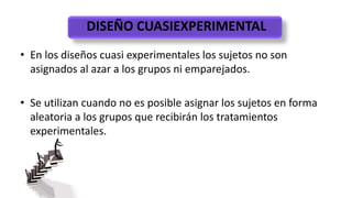 DISEÑO CUASIEXPERIMENTAL
• En los diseños cuasi experimentales los sujetos no son
asignados al azar a los grupos ni emparejados.
• Se utilizan cuando no es posible asignar los sujetos en forma
aleatoria a los grupos que recibirán los tratamientos
experimentales.
 