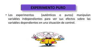 EXPERIMENTO PURO
• Los experimentos (auténticos o puros) manipulan
variables independientes para ver sus efectos sobre las
variables dependientes en una situación de control.
 