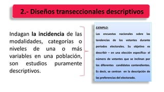 2.- Diseños transeccionales descriptivos
Indagan la incidencia de las
modalidades, categorías o
niveles de una o más
variables en una población,
son estudios puramente
descriptivos.
EJEMPLO:
Las encuestas nacionales sobre las
tendencias de los votantes durante
periodos electorales. Su objetivo es
describir – en una elección específica- el
número de votantes que se inclinan por
los diferentes candidatos contendientes.
Es decir, se centran en la descripción de
las preferencias del electorado.
 