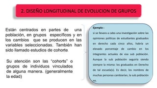 2. DISEÑO LONGITUDINAL DE EVOLUCION DE GRUPOS
Ejemplo :
si se llevara a cabo una investigación sobre las
opiniones políticas de estudiantes graduados
en derecho cada cinco años, habría un
elevado porcentaje de cambio en los
integrantes actuales de esa sub población.
Aunque la sub población seguiría siendo
siempre la misma: los graduados en Derecho
de tal escuela(s). Es decir, los nombres de
muchas personas cambiarían, la sub población
no.
Están centrados en partes de una
población, en grupos específicos y en
los cambios que se producen en las
variables seleccionadas. También han
sido llamado estudios de cohorte.
Su atención son las “cohorts” o
grupos de individuos vinculados
de alguna manera. (generalmente
la edad)
 