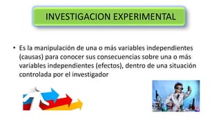 INVESTIGACION EXPERIMENTAL
• Es la manipulación de una o más variables independientes
(causas) para conocer sus consecuencias sobre una o más
variables independientes (efectos), dentro de una situación
controlada por el investigador
 
