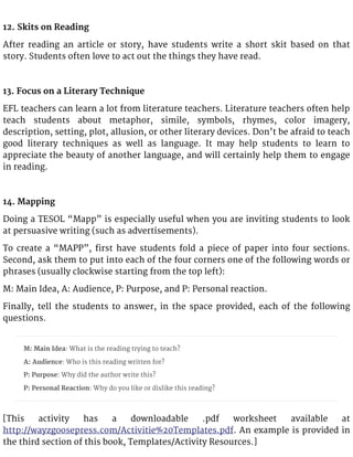 12. Skits on Reading
After reading an article or story, have students write a short skit based on that
story. Students often love to act out the things they have read.
13. Focus on a Literary Technique
EFL teachers can learn a lot from literature teachers. Literature teachers often help
teach students about metaphor, simile, symbols, rhymes, color imagery,
description, setting, plot, allusion, or other literary devices. Don’t be afraid to teach
good literary techniques as well as language. It may help students to learn to
appreciate the beauty of another language, and will certainly help them to engage
in reading.
14. Mapping
Doing a TESOL “Mapp” is especially useful when you are inviting students to look
at persuasive writing (such as advertisements).
To create a “MAPP”, first have students fold a piece of paper into four sections.
Second, ask them to put into each of the four corners one of the following words or
phrases (usually clockwise starting from the top left):
M: Main Idea, A: Audience, P: Purpose, and P: Personal reaction.
Finally, tell the students to answer, in the space provided, each of the following
questions.
M: Main Idea: What is the reading trying to teach?
A: Audience: Who is this reading written for?
P: Purpose: Why did the author write this?
P: Personal Reaction: Why do you like or dislike this reading?
[This activity has a downloadable .pdf worksheet available at
http://wayzgoosepress.com/Activitie%20Templates.pdf. An example is provided in
the third section of this book, Templates/Activity Resources.]
 