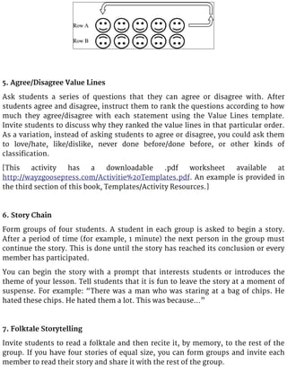 5. Agree/Disagree Value Lines
Ask students a series of questions that they can agree or disagree with. After
students agree and disagree, instruct them to rank the questions according to how
much they agree/disagree with each statement using the Value Lines template.
Invite students to discuss why they ranked the value lines in that particular order.
As a variation, instead of asking students to agree or disagree, you could ask them
to love/hate, like/dislike, never done before/done before, or other kinds of
classification.
[This activity has a downloadable .pdf worksheet available at
http://wayzgoosepress.com/Activitie%20Templates.pdf. An example is provided in
the third section of this book, Templates/Activity Resources.]
6. Story Chain
Form groups of four students. A student in each group is asked to begin a story.
After a period of time (for example, 1 minute) the next person in the group must
continue the story. This is done until the story has reached its conclusion or every
member has participated.
You can begin the story with a prompt that interests students or introduces the
theme of your lesson. Tell students that it is fun to leave the story at a moment of
suspense. For example: “There was a man who was staring at a bag of chips. He
hated these chips. He hated them a lot. This was because…”
7. Folktale Storytelling
Invite students to read a folktale and then recite it, by memory, to the rest of the
group. If you have four stories of equal size, you can form groups and invite each
member to read their story and share it with the rest of the group.
 
