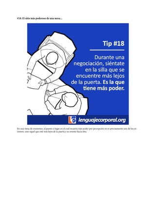 #18: El sitio más poderoso de una mesa...
En una mesa de reuniones, el puesto o lugar en el cual recaería más poder por percepción no es precisamente uno de los ex-
tremos, sino aquel que esté más lejos de la puerta y se oriente hacia ésta.
 
