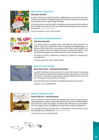 Walé, tailleur à toute heure 
Véronique Vernette 
À travers l’histoire de Walé le tailleur, débordé par ses nombreuses com-mandes 
à la veille du mariage d’Issouf, Véronique Vernette nous raconte la 
vie tumultueuse d’un petit village d’Afrique. 
Un texte concis et une illustration originale qui le représente de manière à 
la fois fidèle et innovante, avec une variété de techniques (encre, tissu) et 
de couleurs. (Source : Takam Tikou) 
Points de suspension • 2012 • 9782912138972 
Chez Adama, mécanique générale 
Véronique Vernette 
Il se passe toujours quelque chose chez Adama, mécanicien de son 
état et magicien au quotidien. Dans son garage de Ouagadougou, au 
Burkina Faso, défile tout ce qui avance cahin-caha, clopin-clopant, sur 
deux ou quatre roues. Un moteur qui tousse, un piston qui lâche… tous 
viennent faire soigner leurs bobos de vélo, auto, moto ou chariot. 
Ça crisse, ça coince, ça dévisse, ça détord, ça répare et, à chaque fois, 
ça redémarre ! 
Points de suspension • 2001 • 9782912138200 
Quand la Lune a sommeil 
Nana-Aïssa Touré • Dominique Mwankumi 
La petite Salimata ne veut pas dormir ce soir. Sa maman lui propose 
alors d’écouter l’histoire de la vie des hommes. Pourquoi y a-t-il la Lune 
et le Soleil ? Pourquoi les grenouilles coassent-elles dans les mares le 
soir ? Pourquoi le coq chante-t-il à l’aube ? 
Une jolie fiction pour raconter le monde dans lequel nous viv ons. 
Le Figuier • 2012 • 9782842580995 
Ennedi, la beauté du monde 
Pascal Villecroix • Joël Alessandra 
Situé au nord du Tchad, l’Ennedi fut pendant des siècles le point de pas-sage 
obligé des routes commerciales reliant la Libye au centre de l’Afrique. 
Sous forme de carnet de voyage, cet album documentaire nous fait décou-vrir 
cette région aride, montagneuse et isolée de la capitale N’Djamena. 
Un ouvrage richement documenté, aux illustrations intéressantes, tout à 
fait accessible aux adolescents. (Source : Takam Tikou) 
La Boîte à bulles • 2012 • 9782849531440 
59 
 