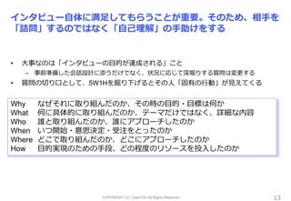 COPYRIGHT (C) Team100.All Rights Reserved.
インタビュー自体に満足してもらうことが重要。そのため、相手を
「詰問」するのではなく「自己理解」の手助けをする
• 大事なのは「インタビューの目的が達成される」こと
– 事前準備した会話設計に添うだけでなく、状況に応じて深堀りする質問は変更する
• 質問の切り口として、5W1Hを掘り下げるとその人「固有の行動」が見えてくる
13
Why なぜそれに取り組んだのか、その時の目的・目標は何か
What 何に具体的に取り組んだのか、テーマだけではなく、詳細な内容
Who 誰と取り組んだのか、誰にアプローチしたのか
When いつ開始・意思決定・受注をとったのか
Where どこで取り組んだのか、どこにアプローチしたのか
How 目的実現のための手段、どの程度のリソースを投入したのか
 